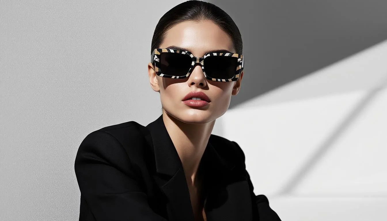 Burberry rectangle style sunglasses being worn by a model in a fashionable setting.