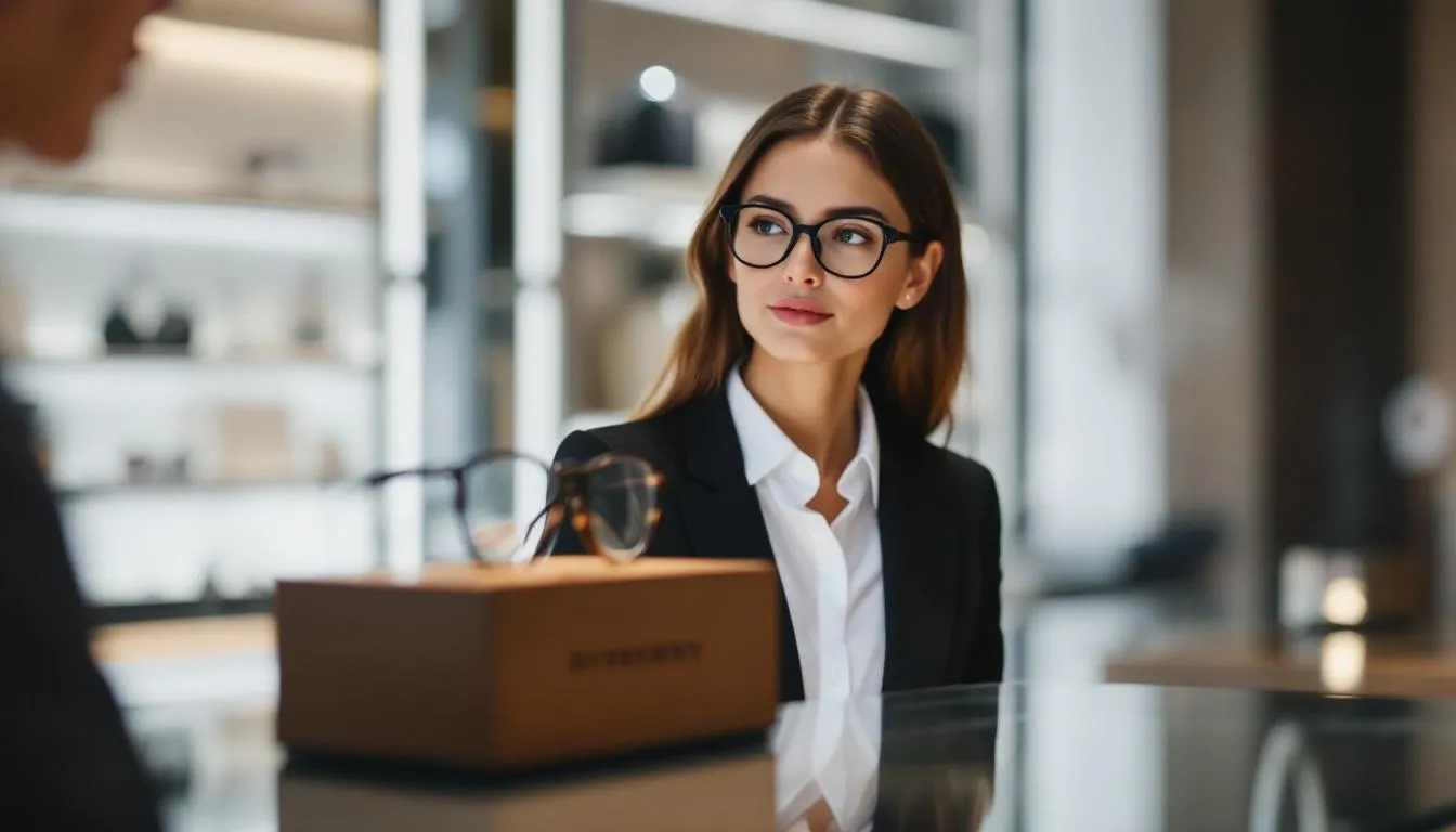 A person selecting Burberry glasses from a stylish display.